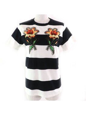Gucci 100% Cotton Mare Gothicum Flower Studded Striped Crew Neck Short
